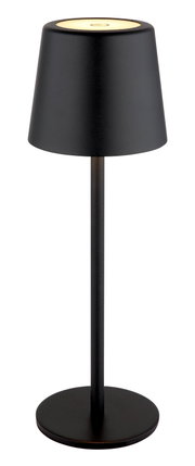 Schwarze Tischleuchte mit modernem, minimalistischem Design, seitliche Perspektive