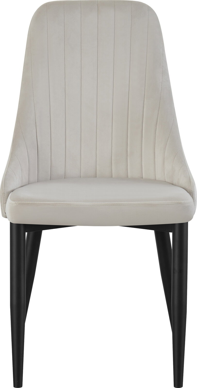 Beiger Polsterstuhl mit vertikaler Steppung und schwarzen, konischen Holzbeinen, frontal von vorne freigestellt
