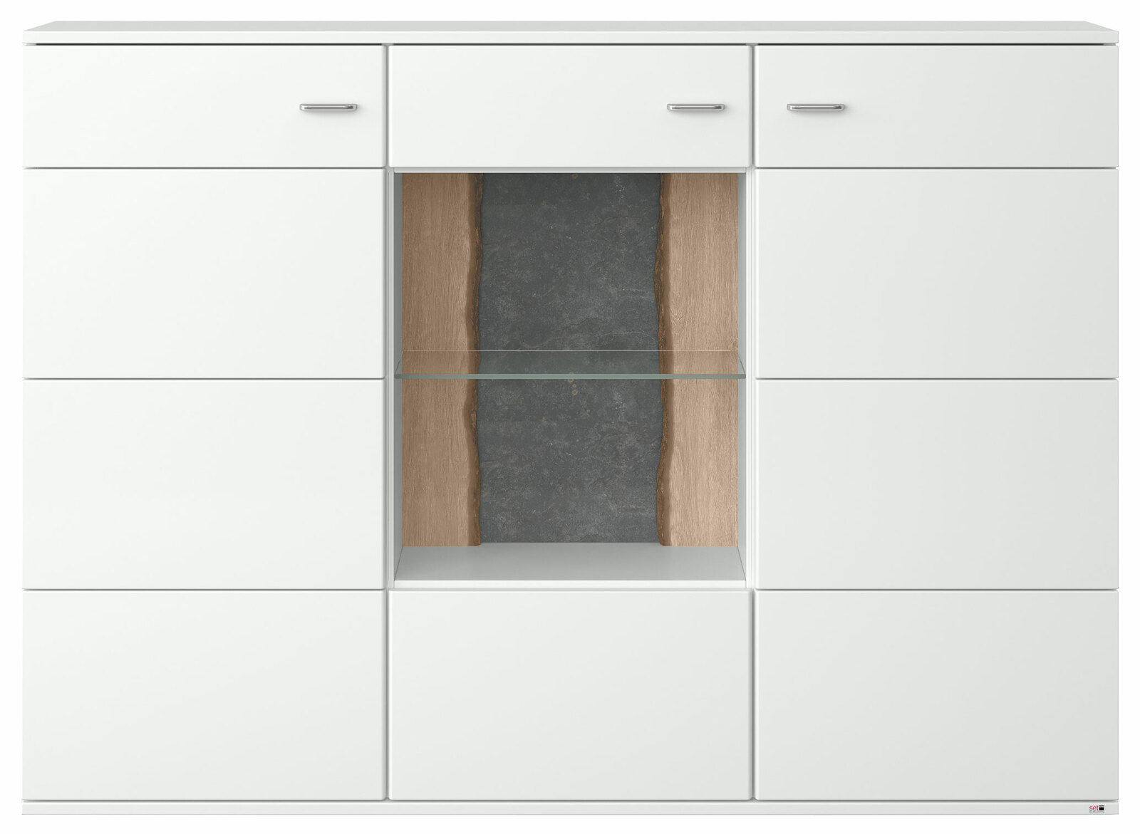 Frontale Ansicht eines modernen weißen Highboards mit Glasregal und Holz- sowie Steinelementen in der Mitte.