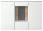 Frontale Ansicht eines modernen weißen Highboards mit Glasregal und Holz- sowie Steinelementen in der Mitte.