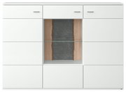 Frontale Ansicht eines modernen weißen Highboards mit Glasregal und Holz- sowie Steinelementen in der Mitte.