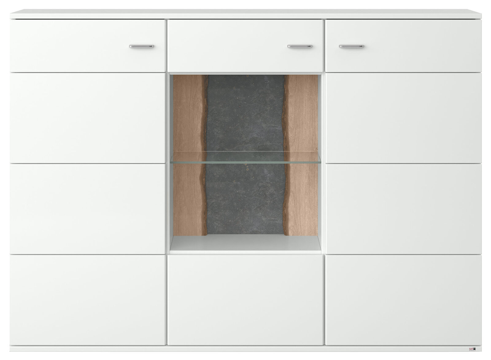 Frontale Ansicht eines modernen weißen Highboards mit Glasregal und Holz- sowie Steinelementen in der Mitte.
