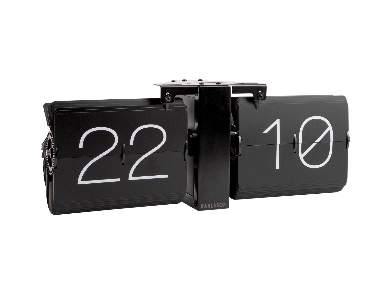 Retro Wanduhr ohne Gehäuse mit Flip-Mechanismus, zeigt die Uhrzeit 22:10 aus seitlicher Perspektive.