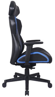 Seitliche Ansicht eines schwarzen Gaming-Stuhls mit blauen Akzenten und verstellbaren Armlehnen.