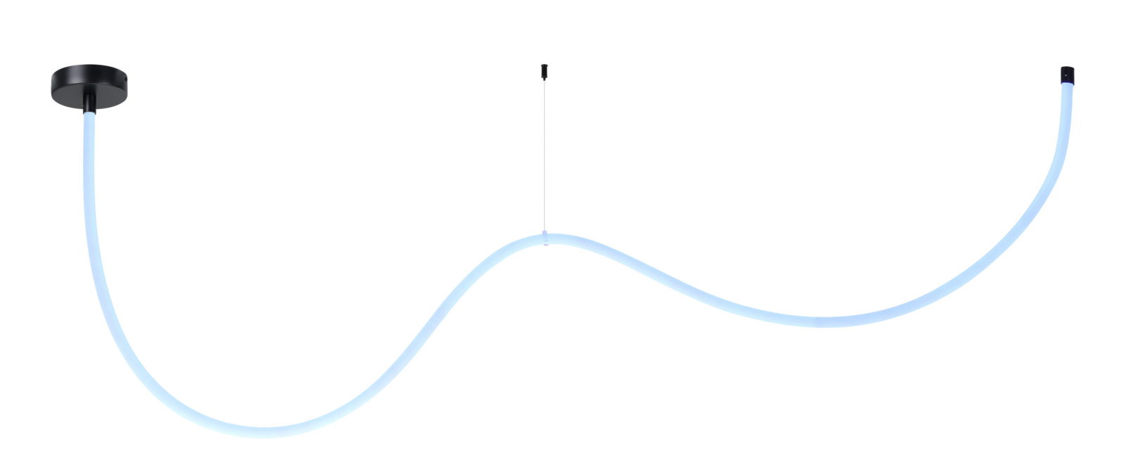 LED-Lichtschlauch in geschwungener Form, von der Seite betrachtet, mit schwarzer Deckenhalterung.