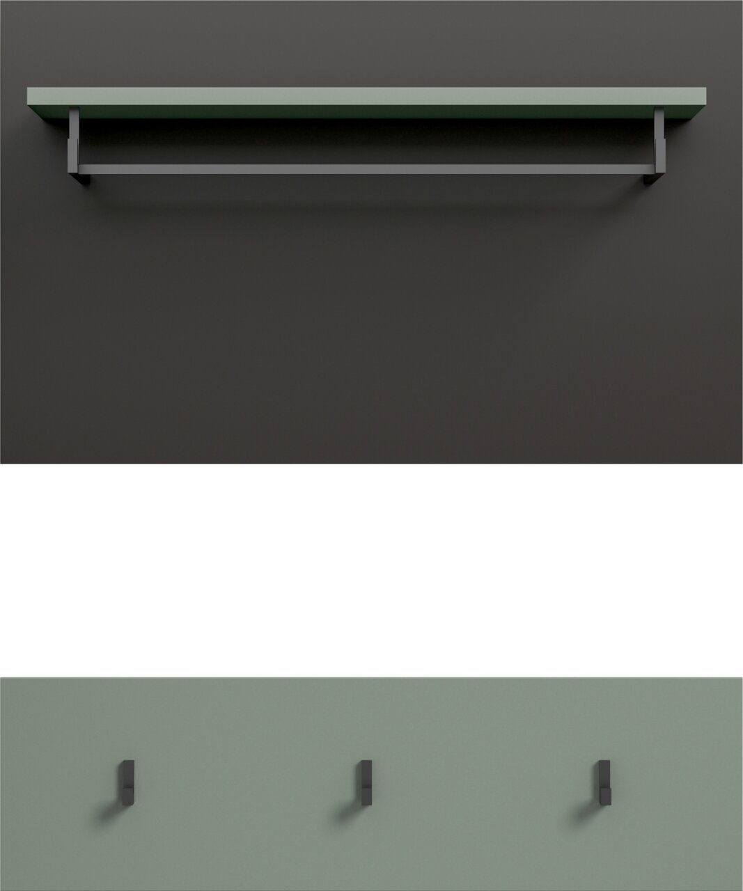 Minimalistische Wandgarderobe in Salbeigrün mit Ablage, Kleiderstange und drei schwarzen Haken vor grauem Hintergrund, Frontansicht.