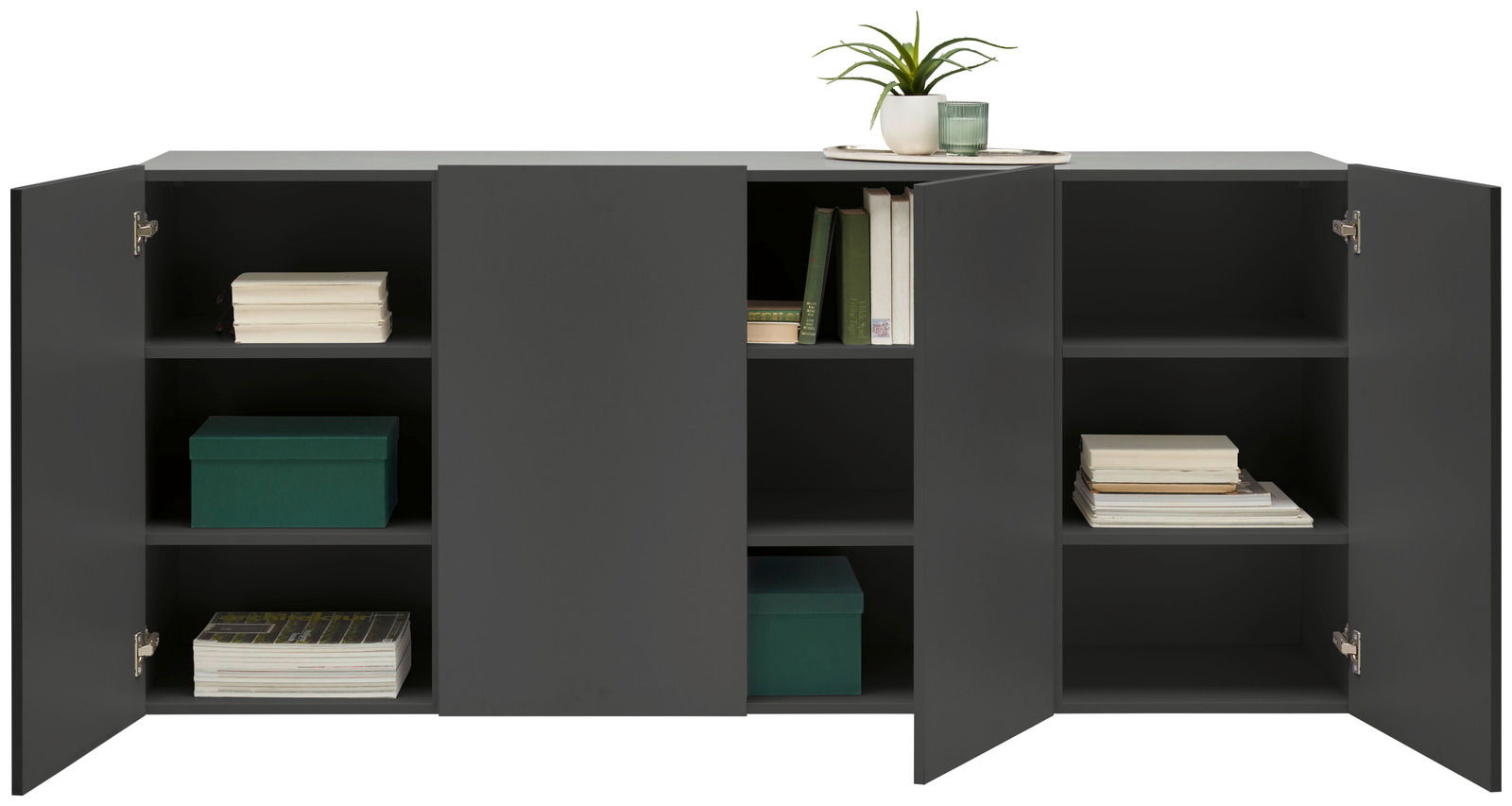 Hängesideboard in dunklem Grau mit offenen Türen, gefüllt mit Büchern und Dekorationen, aus frontaler Perspektive