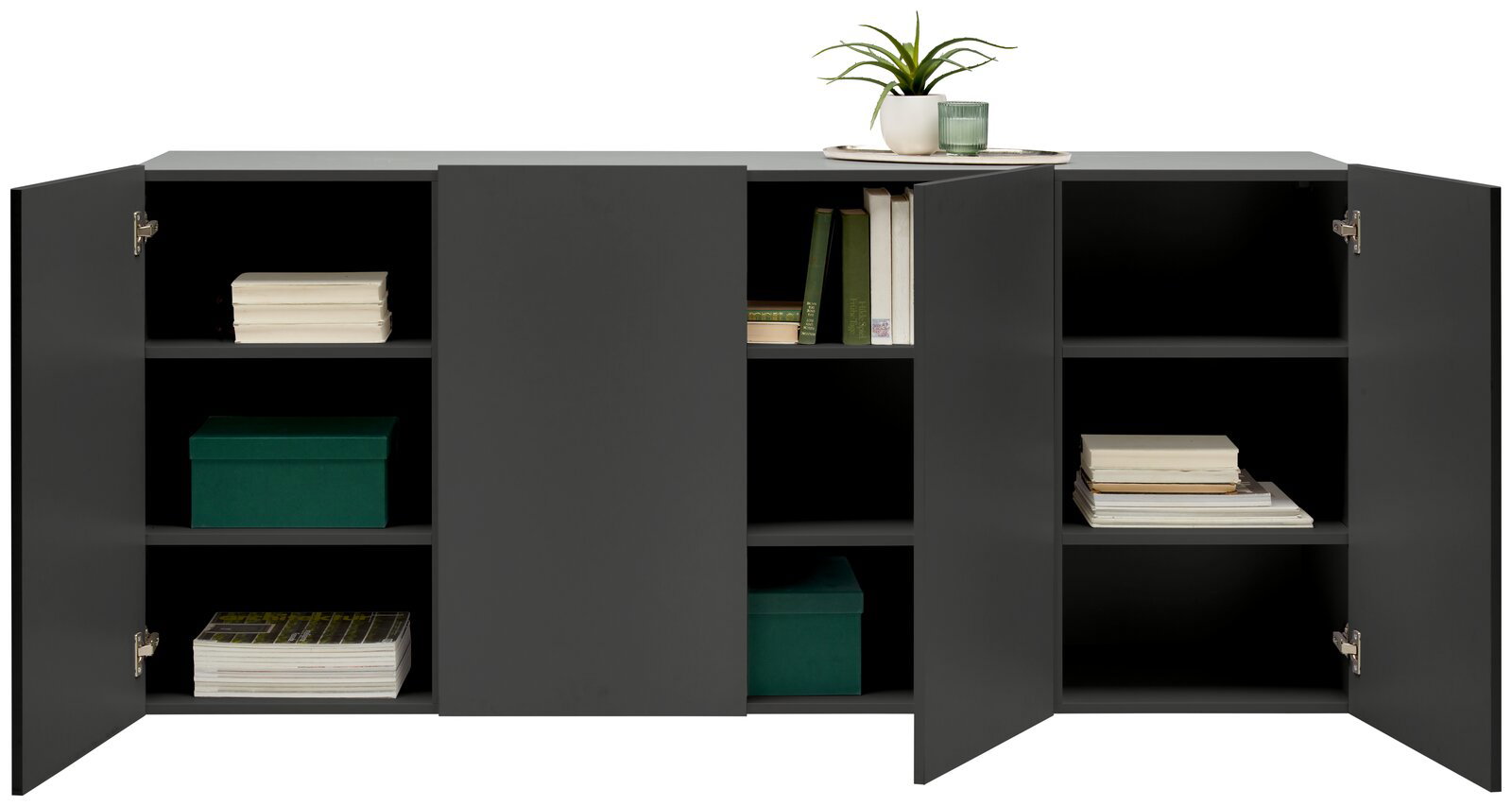 Hängesideboard in dunklem Grau mit offenen Türen, gefüllt mit Büchern und Dekorationen, aus frontaler Perspektive