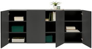 Hangend dressoir in donkergrijs met open deuren, gevuld met boeken en decoraties, gezien van voren