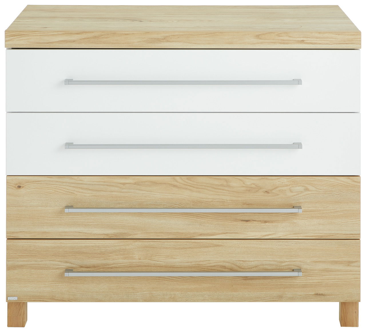 Kommode mit drei Schubladen in Holzoptik und weißen Fronten, frontal fotografiert