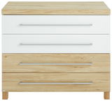 Kommode mit drei Schubladen in Holzoptik und weißen Fronten, frontal fotografiert