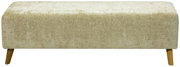 Beige Bettbank mit Holzbeinen, Vorderansicht