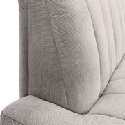 Nahaufnahme einer grauen 2er-Sitzbank mit geripptem Stoffbezug, seitliche Perspektive