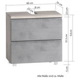 Waschbeckenunterschrank in grauer Betonoptik mit zwei Schubladen, Maße ca. 60 cm Breite, 54 cm Höhe, 35 cm Tiefe, Frontansicht