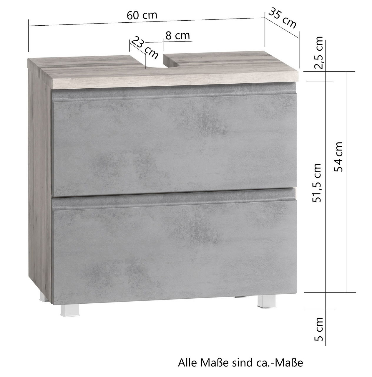 Waschbeckenunterschrank in grauer Betonoptik mit zwei Schubladen, Maße ca. 60 cm Breite, 54 cm Höhe, 35 cm Tiefe, Frontansicht