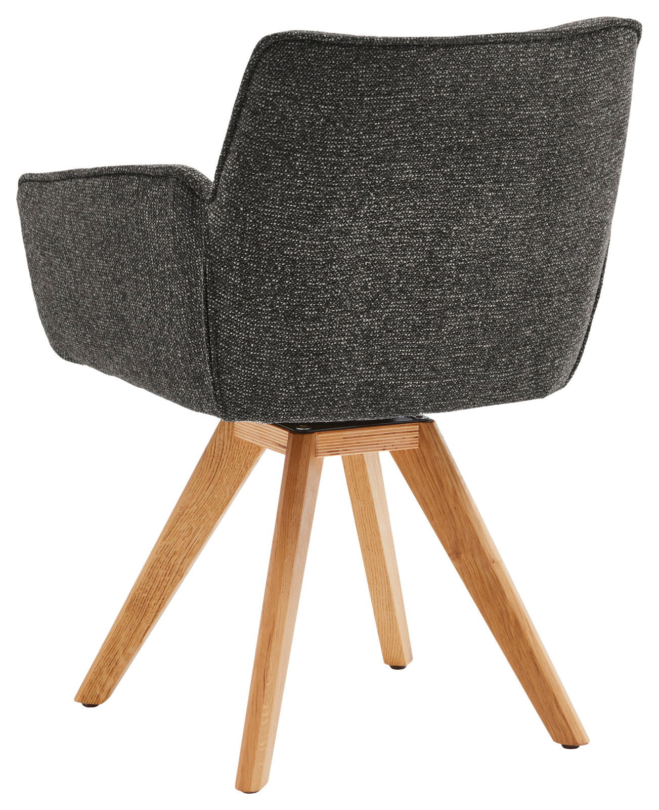 Rückansicht eines Armlehnstuhls mit grauem Stoffbezug und Holzbeinen