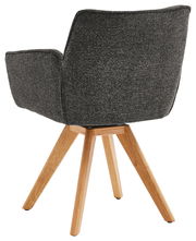 Rückansicht eines Armlehnstuhls mit grauem Stoffbezug und Holzbeinen