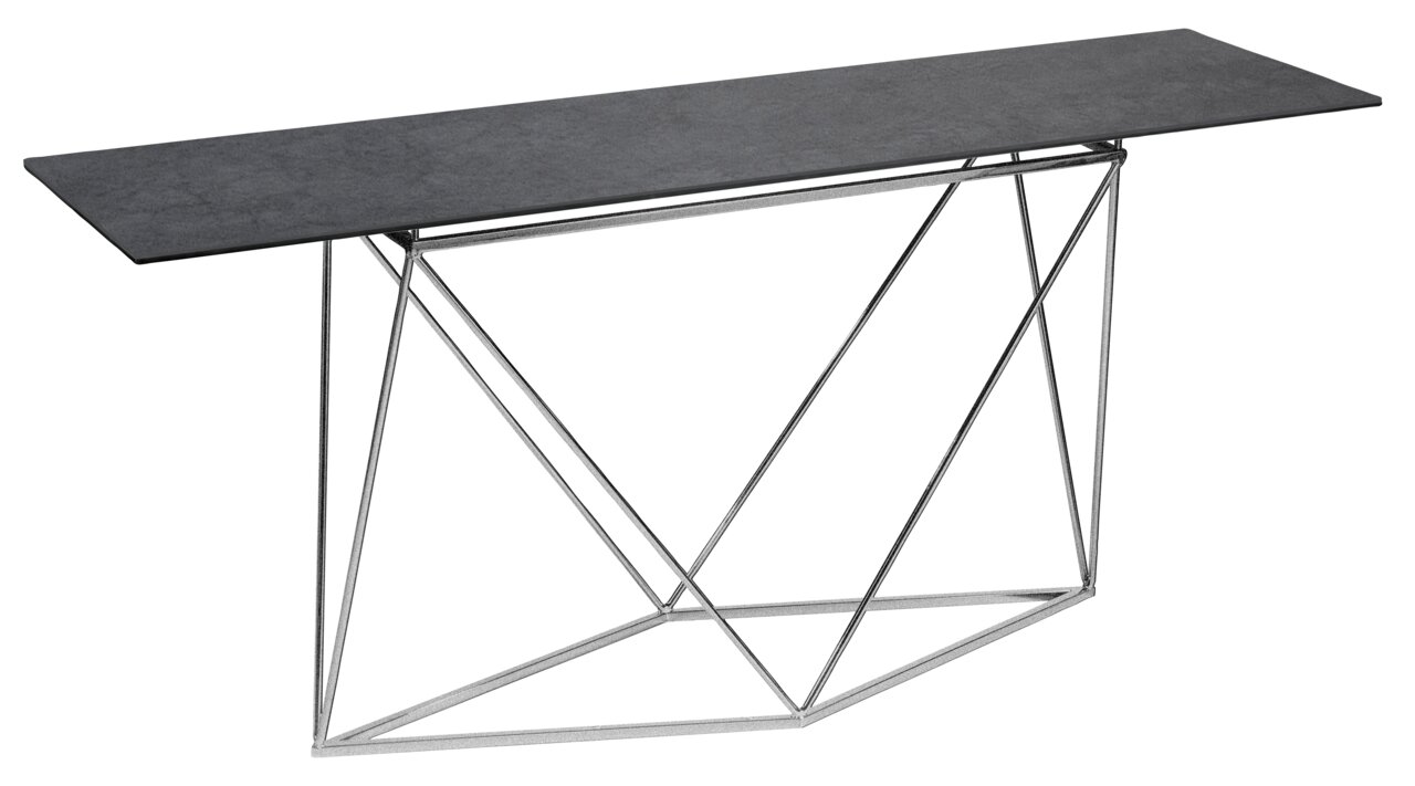 Moderne Konsole mit schwarzer Tischplatte und geometrischem Metallgestell, seitliche Perspektive