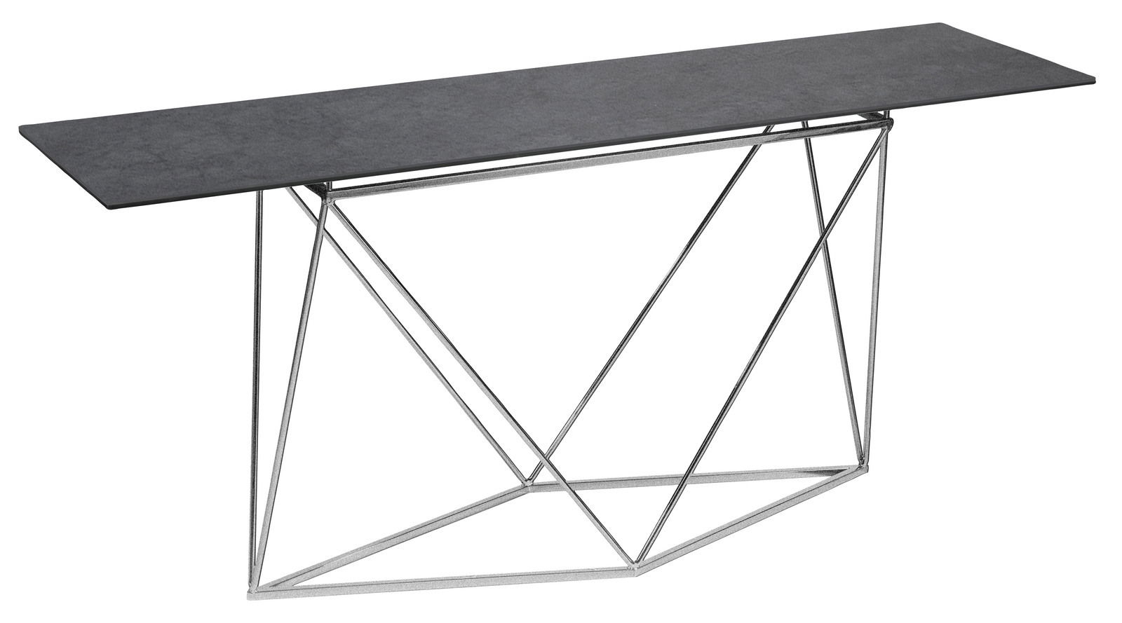 Moderne Konsole mit schwarzer Tischplatte und geometrischem Metallgestell, seitliche Perspektive