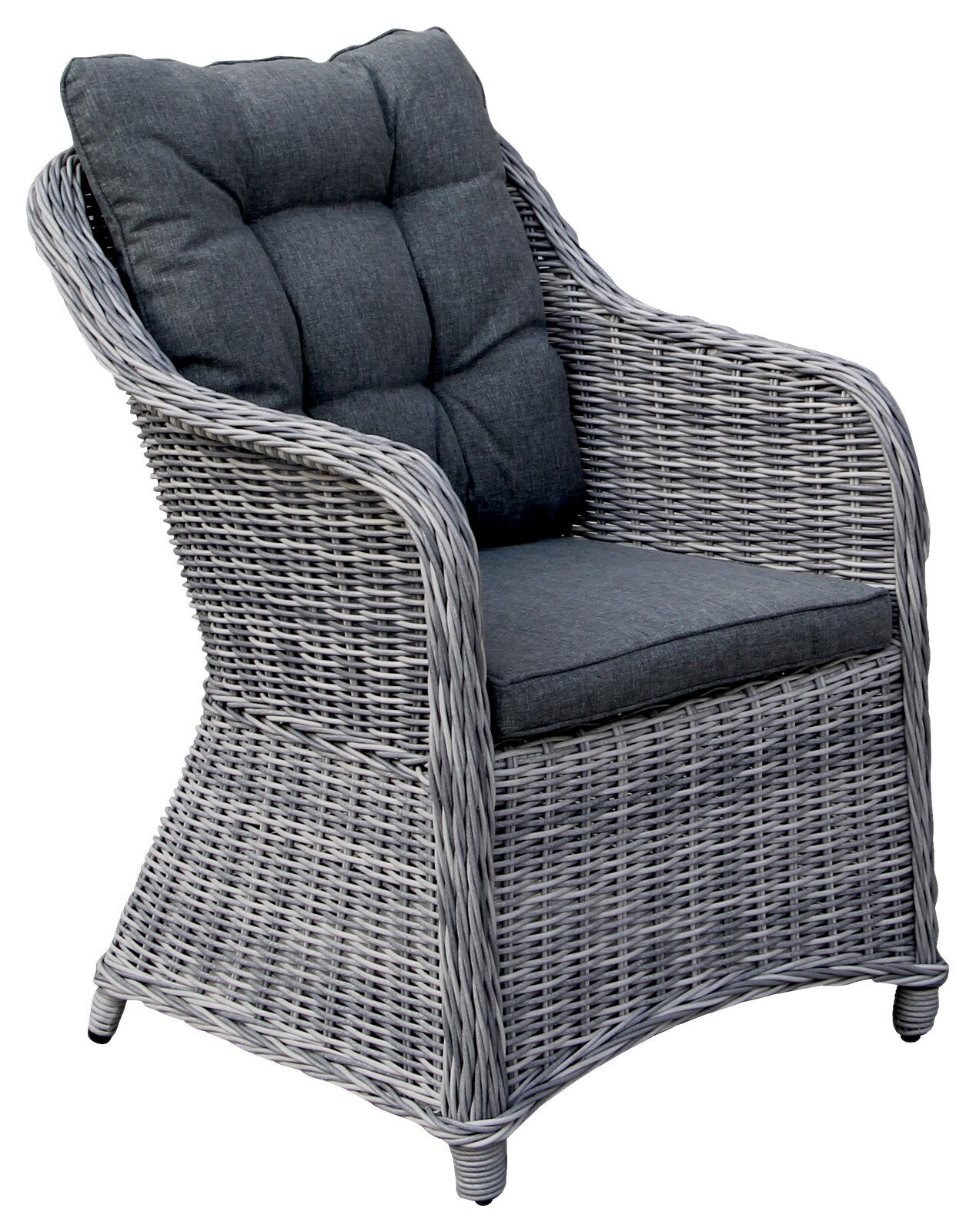 Gartensessel aus grauem Rattan mit dunkelgrauen Kissen, seitliche Perspektive