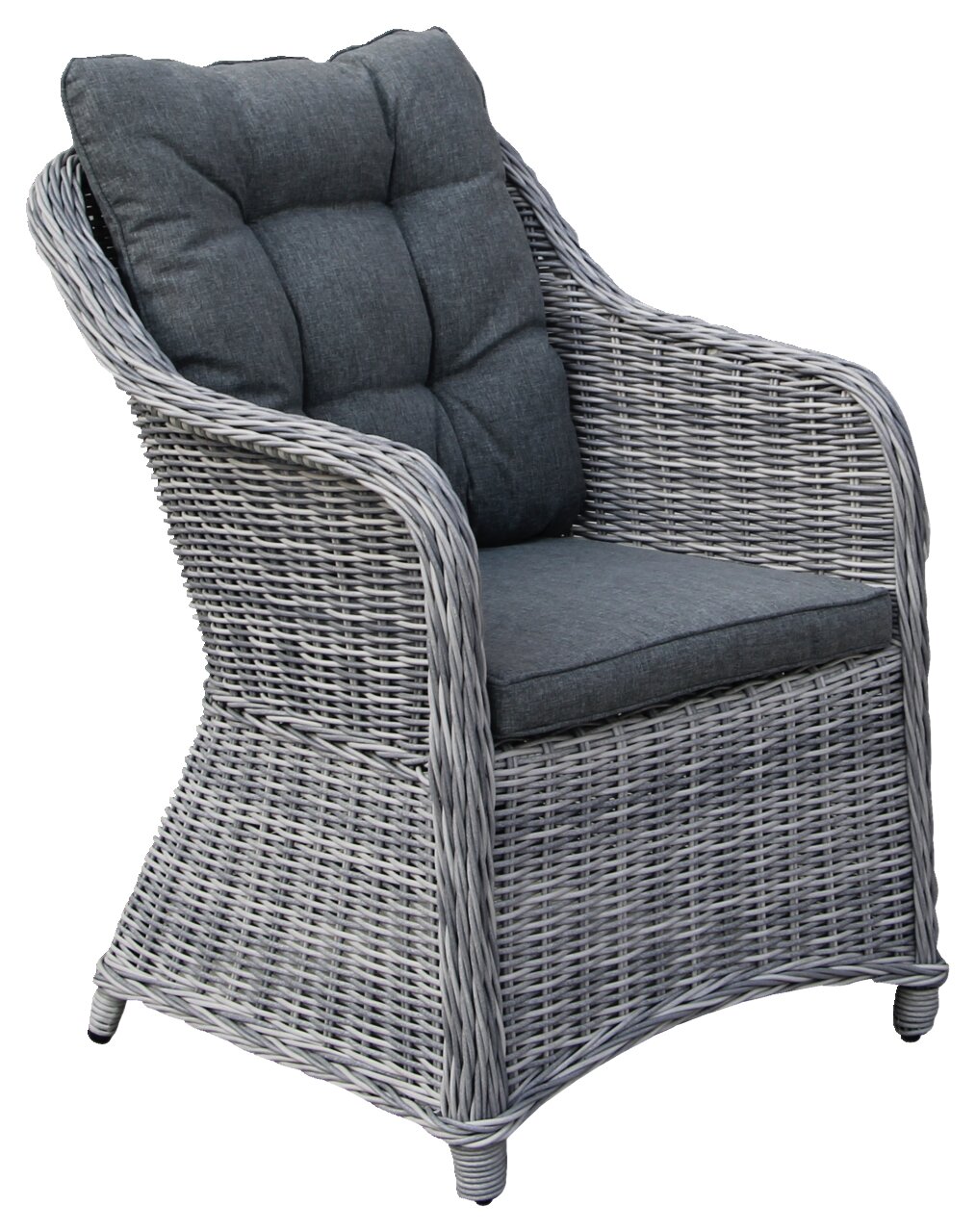 Gartensessel aus grauem Rattan mit dunkelgrauen Kissen, seitliche Perspektive