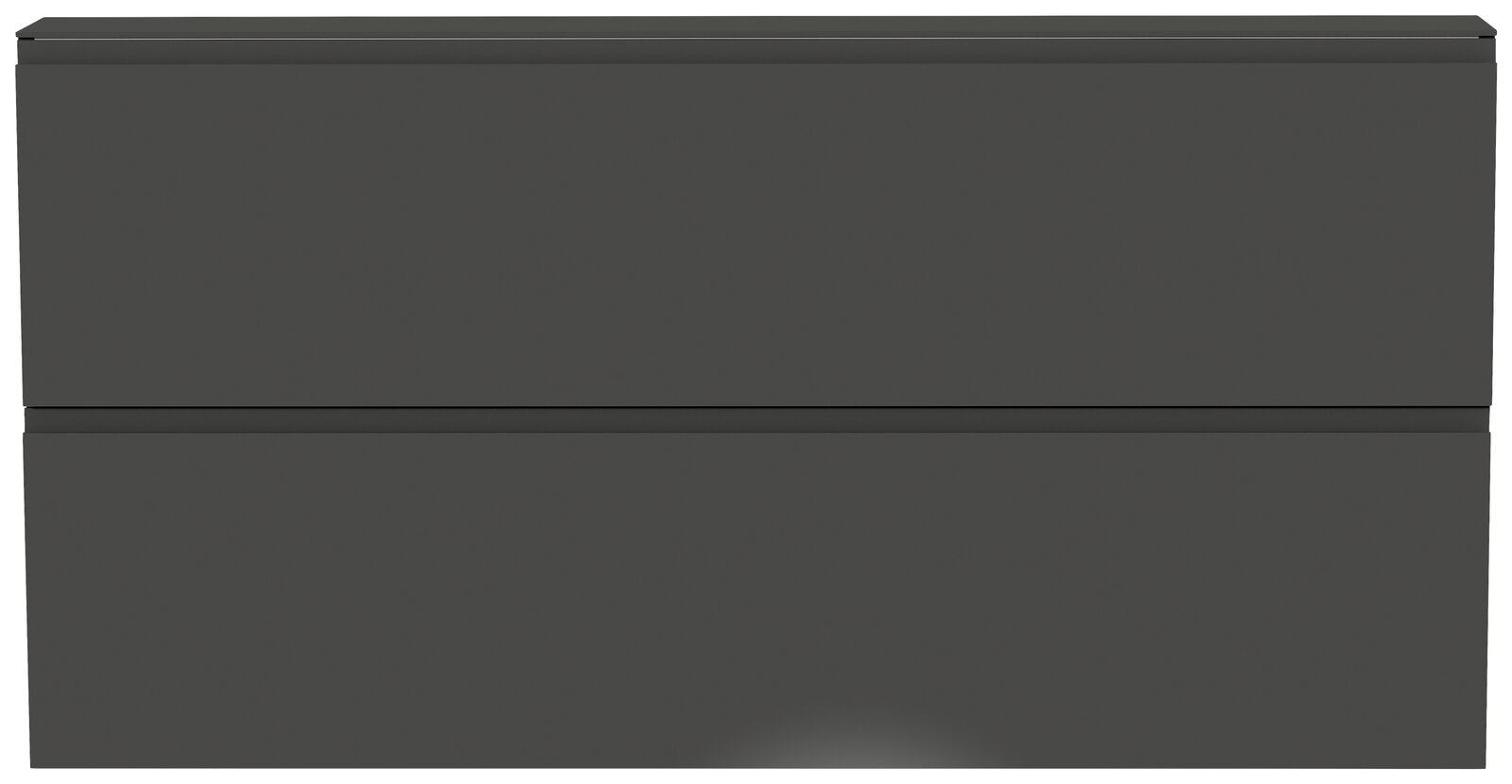 Frontansicht eines modernen, dunkelgrauen Hängeschuhschranks mit zwei Klappen.