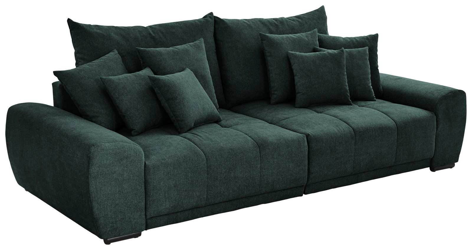 Großes, dunkelgrünes Big-Sofa mit mehreren Kissen, seitliche Perspektive
