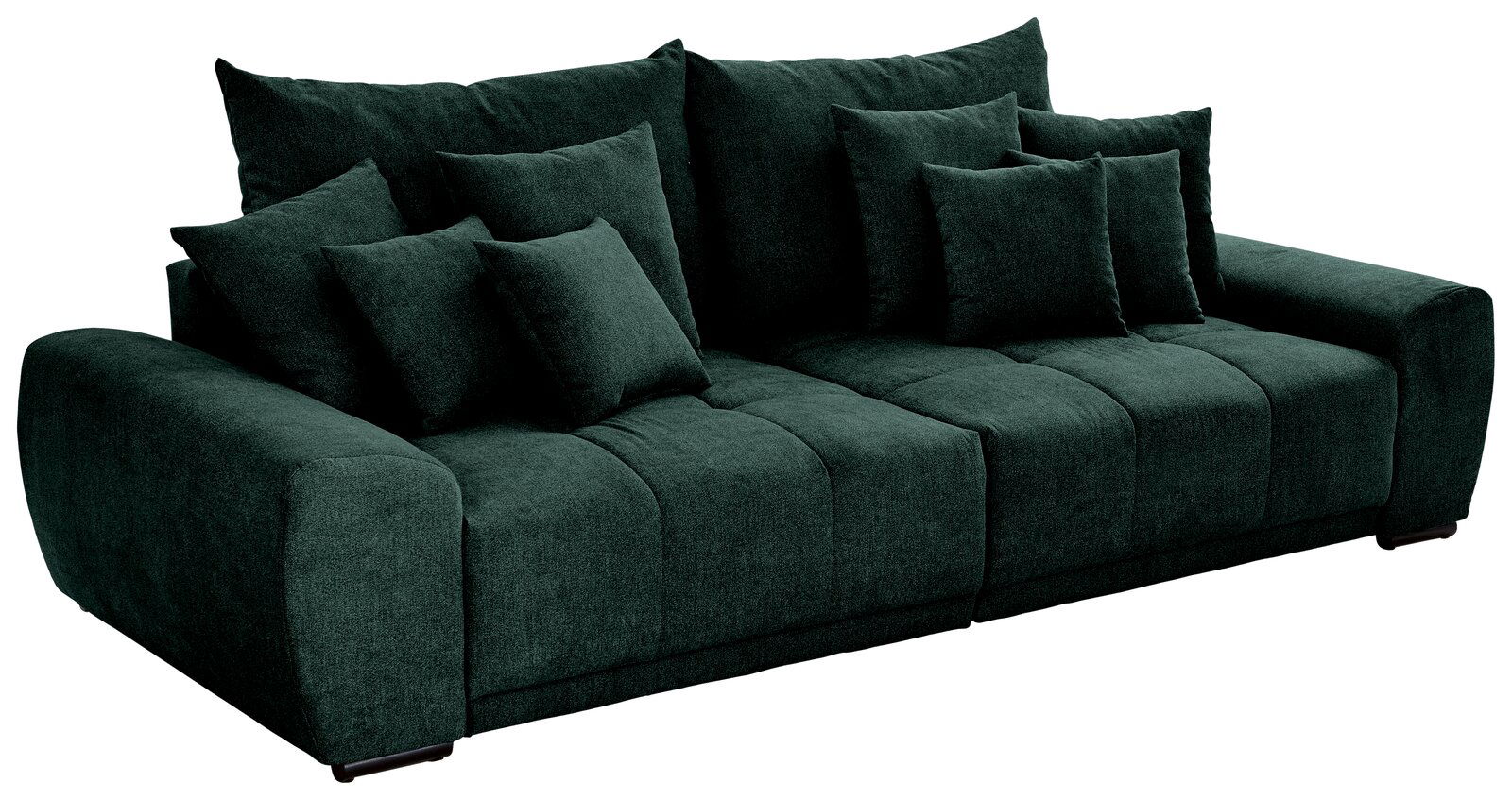 Großes, dunkelgrünes Big-Sofa mit mehreren Kissen, seitliche Perspektive