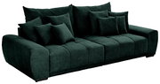 Großes, dunkelgrünes Big-Sofa mit mehreren Kissen, seitliche Perspektive