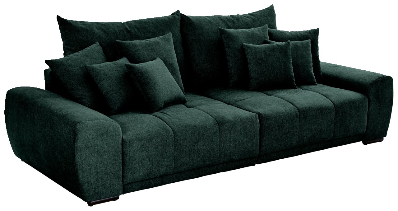 Großes, dunkelgrünes Big-Sofa mit mehreren Kissen, seitliche Perspektive