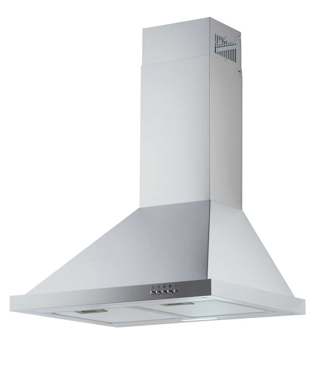 Silberne Dunstabzugshaube in Frontalansicht mit Bedienelementen und Lüftungsgittern.