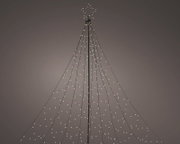 Frontansicht eines stilisierten Weihnachtsbaums aus schwarzen Streben mit warmweiß leuchtenden Lichterketten und beleuchtetem Stern an der Spitze vor dunklem Hintergrund