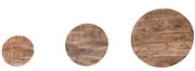 Drei runde Holztischplatten in verschiedenen Größen, von oben betrachtet.