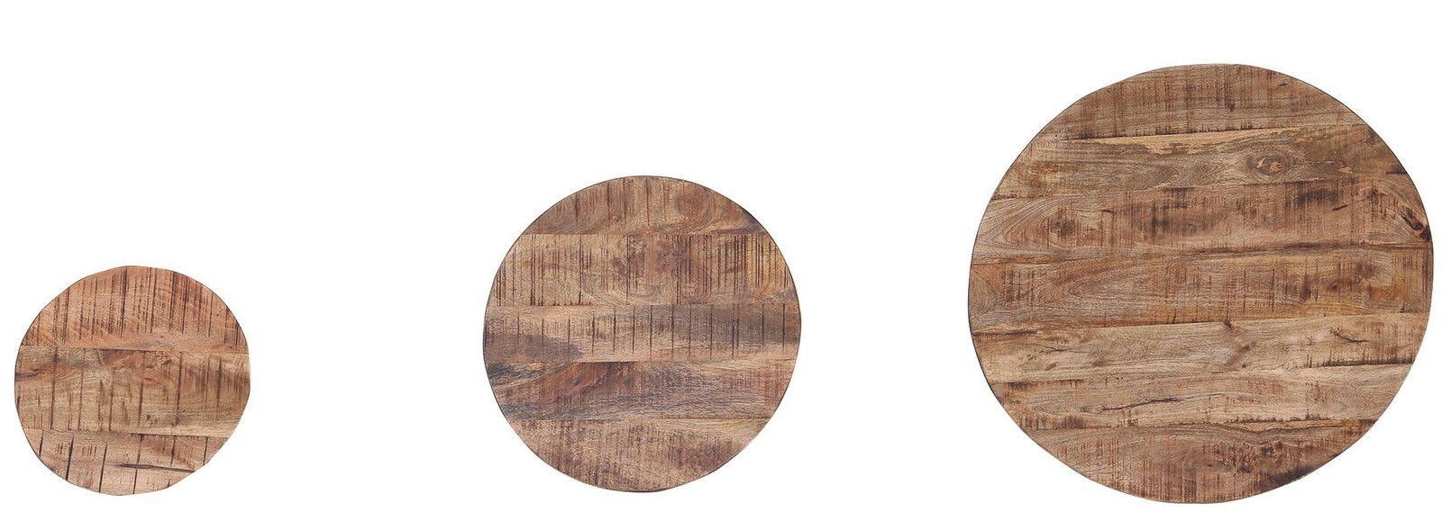 Drei runde Holztischplatten in verschiedenen Größen, von oben betrachtet.