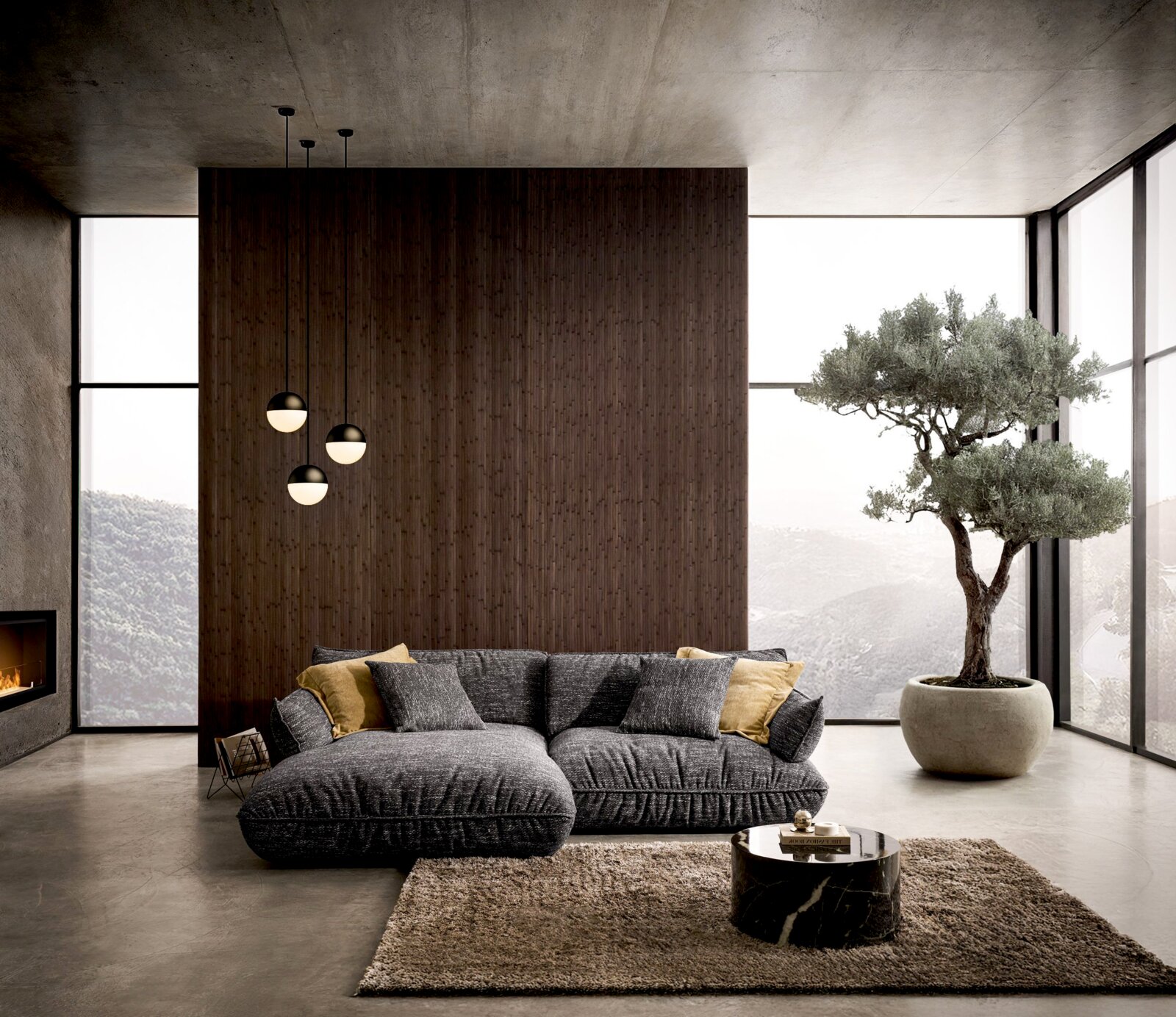Moderne longchair-combinatie in een stijlvolle woonkamer met grote ramen, een boom in een pot en een ronde salontafel. Perspectief: vooraanzicht.