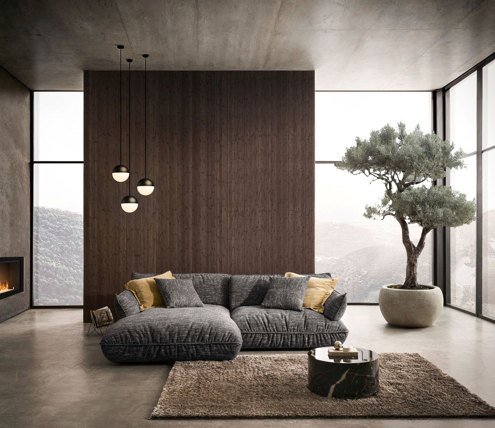 Moderne Longchairkombination in einem stilvollen Wohnzimmer mit großen Fenstern, einem Baum im Topf und einem runden Couchtisch. Perspektive: Frontalansicht.