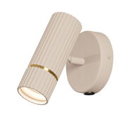 Beige Wandleuchte CAMINIA mit geriffeltem Zylinderdesign und goldener Zierleiste, seitliche Perspektive