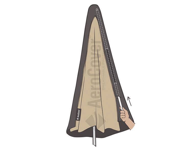 Illustration einer Ampelschirmhülle mit Reißverschluss, seitliche Perspektive