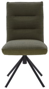 Grüner Stuhl mit gepolsterter Rückenlehne und schwarzem Metallgestell, Frontalansicht