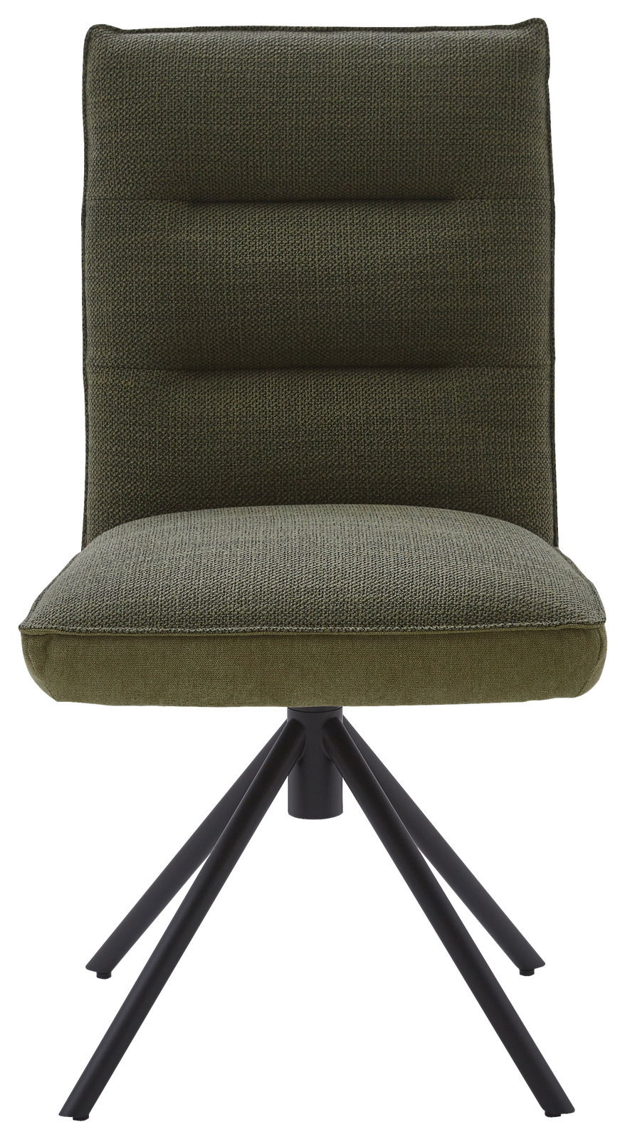 Grüner Stuhl mit gepolsterter Rückenlehne und schwarzem Metallgestell, Frontalansicht