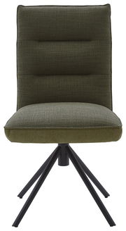 Grüner Stuhl mit gepolsterter Rückenlehne und schwarzem Metallgestell, Frontalansicht