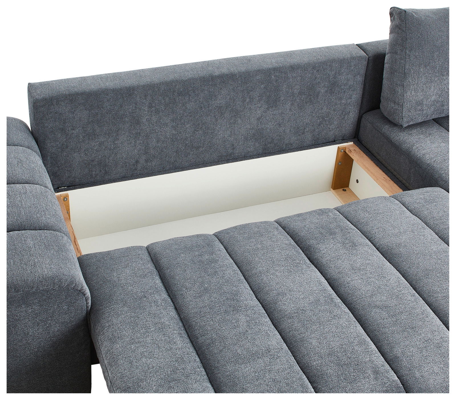 Graue Rundecke mit geöffneter Stauraumfunktion, Ansicht von oben.