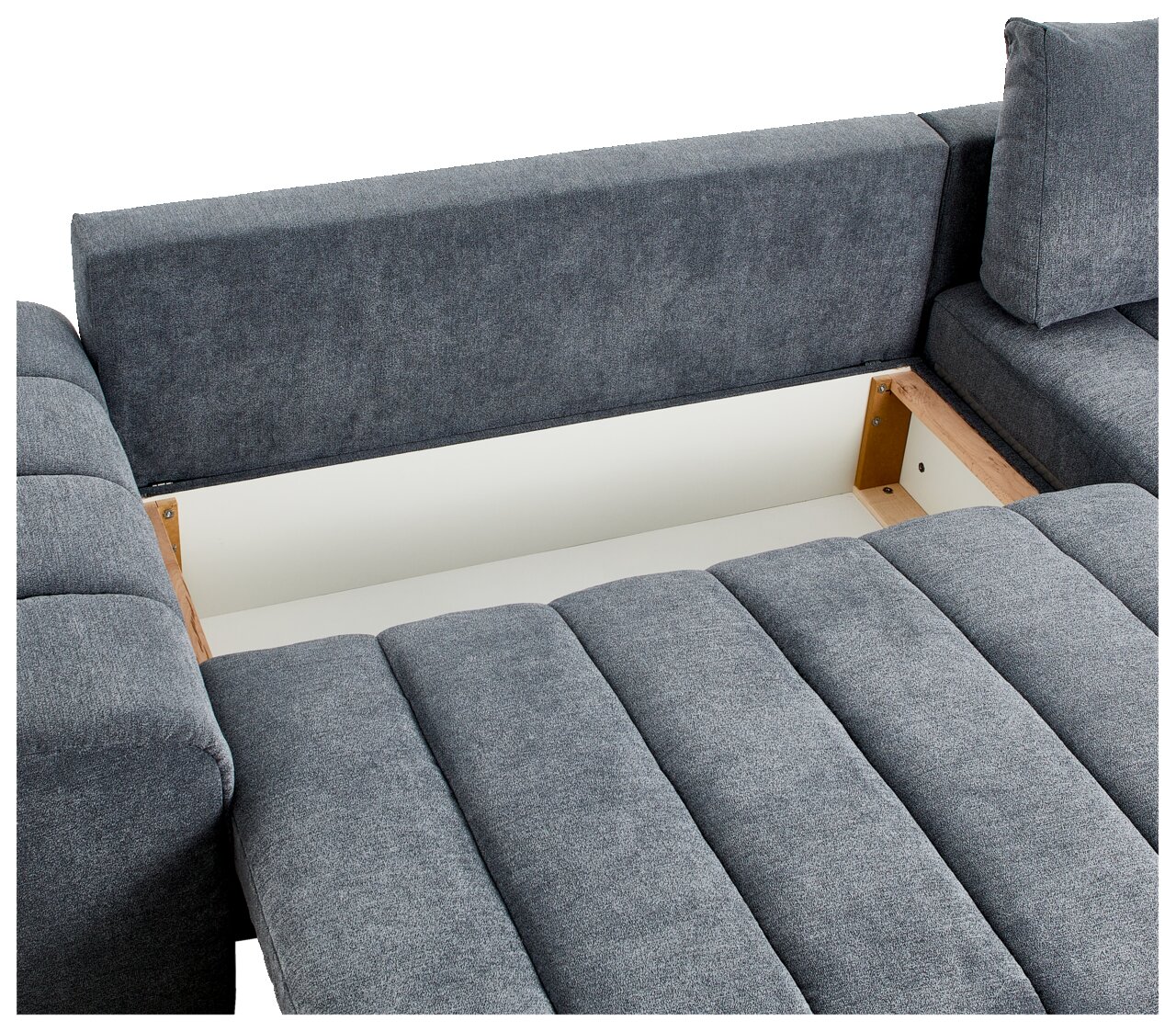 Graue Rundecke mit geöffneter Stauraumfunktion, Ansicht von oben.