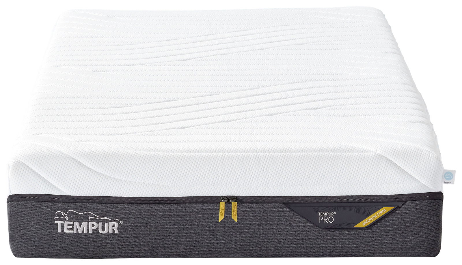 Viscomatratze 80x200 medium von vorne, mit weißem Bezug und grauem Rand, TEMPUR-Logo sichtbar.