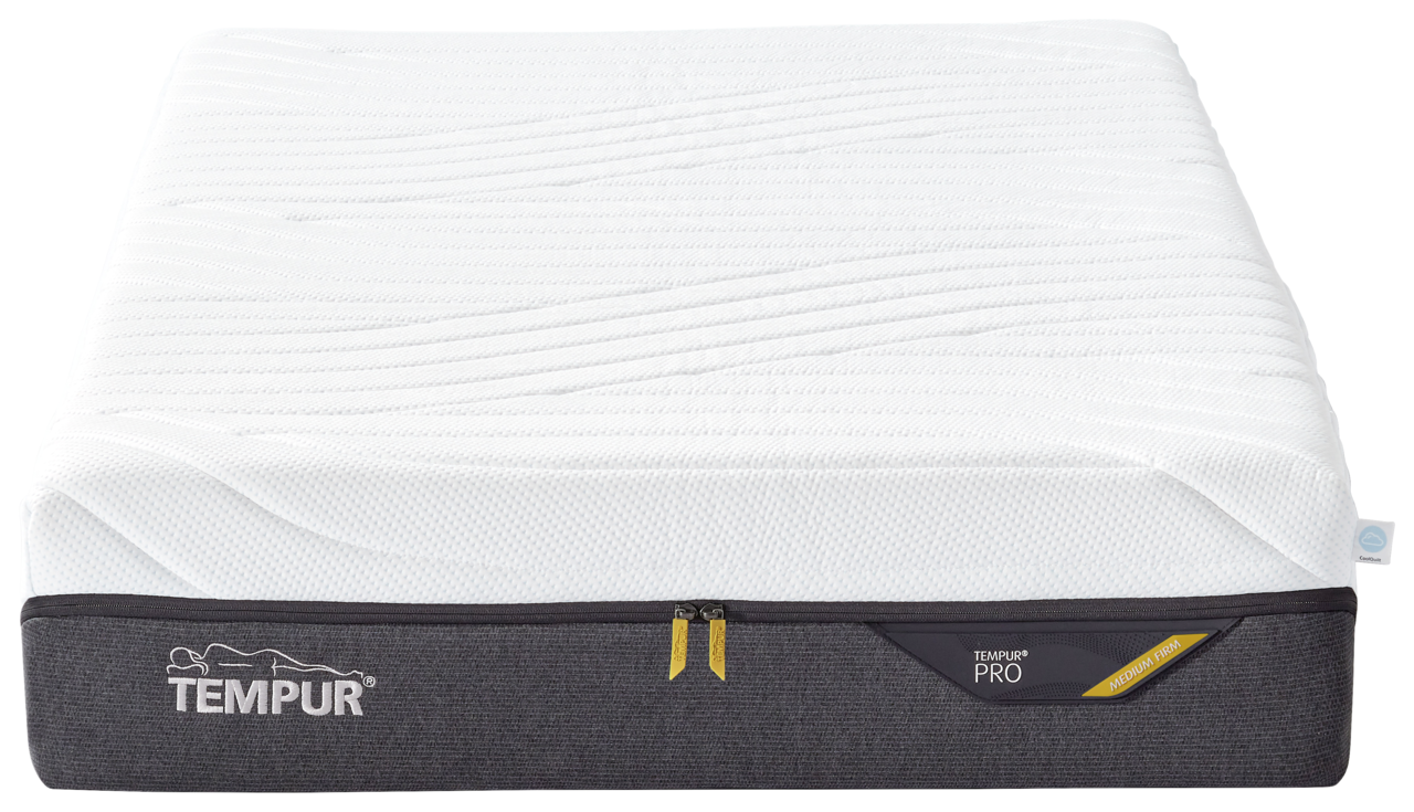 Viscomatratze 80x200 medium von vorne, mit weißem Bezug und grauem Rand, TEMPUR-Logo sichtbar.