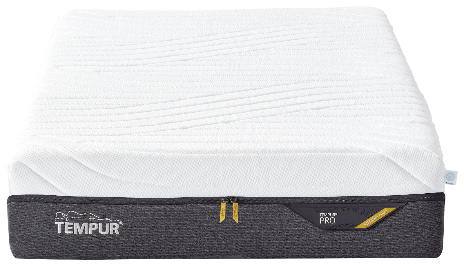 Viscomatratze 80x200 medium von vorne, mit weißem Bezug und grauem Rand, TEMPUR-Logo sichtbar.