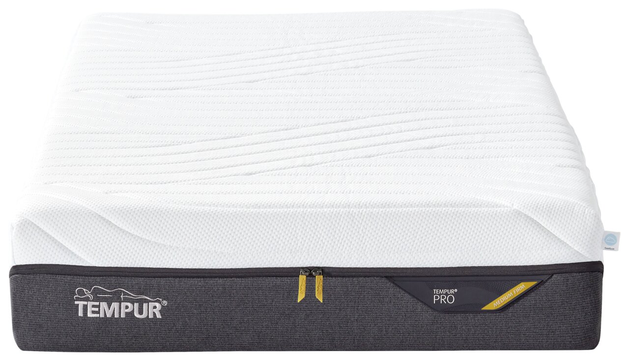 Viscomatratze 80x200 medium von vorne, mit weißem Bezug und grauem Rand, TEMPUR-Logo sichtbar.