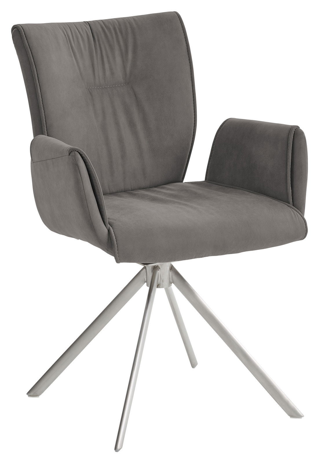 Moderner grauer Sessel mit Metallbeinen, seitliche Perspektive