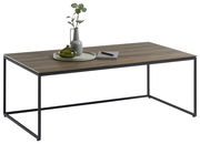 Moderner Couchtisch mit Holzplatte und schwarzem Metallgestell, dekoriert mit einer Vase und einem Notizbuch, seitliche Perspektive