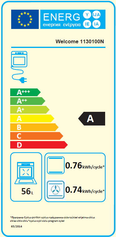 Energieeffizienzlabel für ein Küchengerät mit der Klasse A, 56 Liter Volumen, 0,76 kWh pro Zyklus für Backen und 0,74 kWh pro Zyklus für Umluft. Frontalansicht.